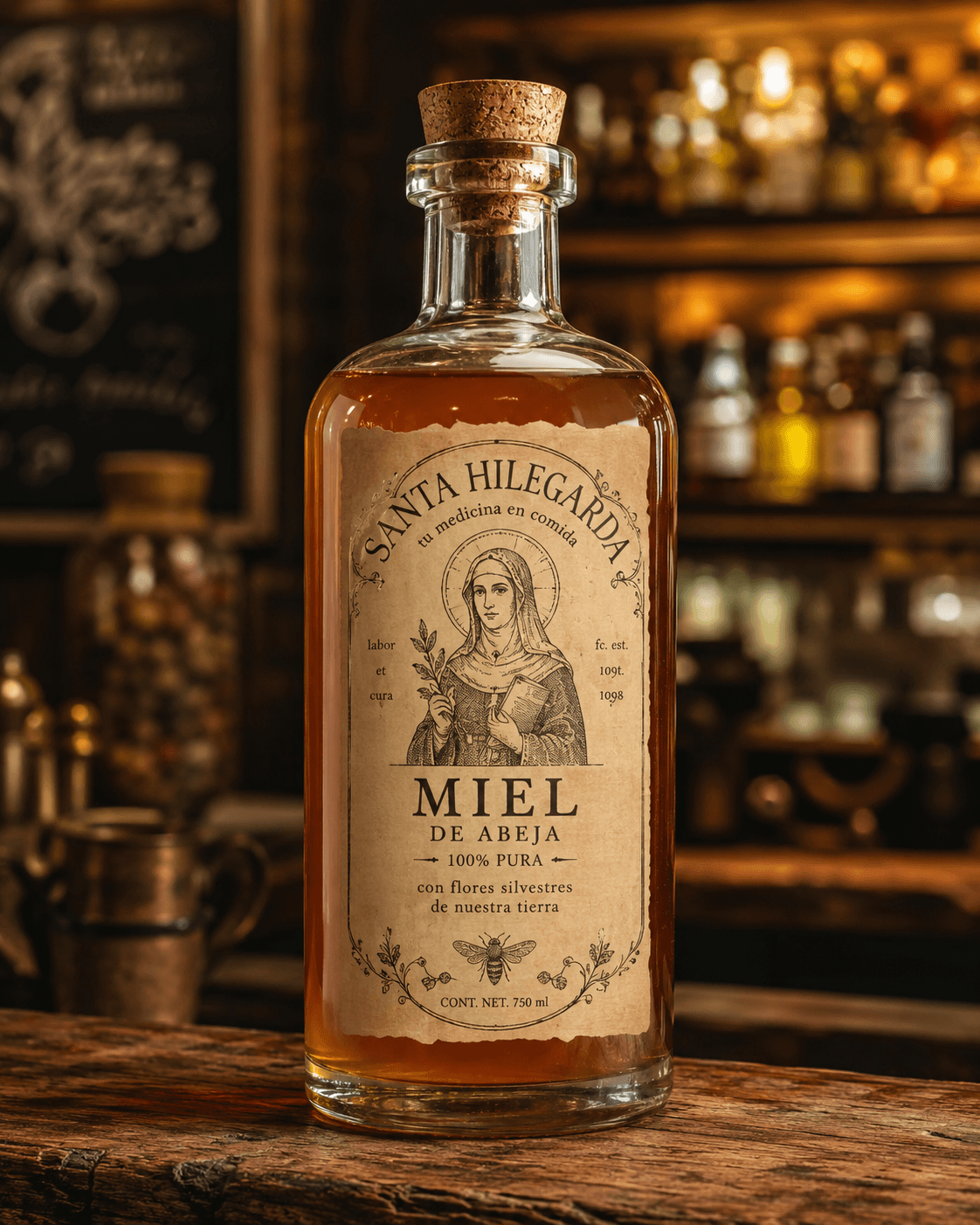 Botella original de miel Santa Hilegarda, con corcho natural y etiqueta de pergamino, en una botica cálida.
